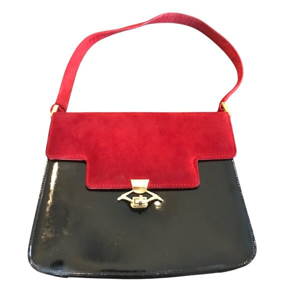 Vintage Nicholas Reich Purse Handbag Black Patent Leather Red Suede - Picture 1 of 10